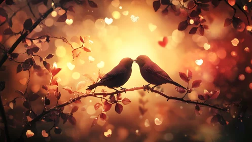 Two Birds on Branch with Golden Bokeh and Heart Lights.