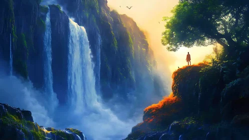 Backlit cloaked figure surveys misty canyon with luminous waterfalls