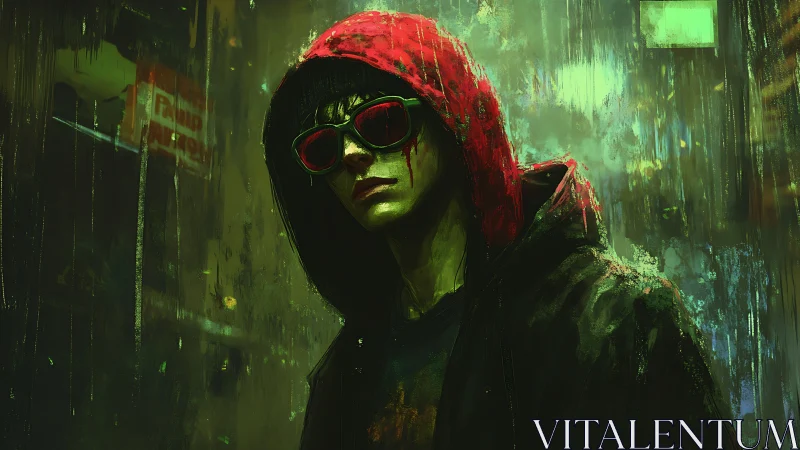 Moody hooded figure stands confident in neon soaked alleyway