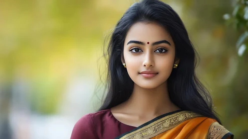 Portrait of Young Woman in Traditional Saree, Soft Natural Light.