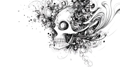 Whirling ink skull bursting with swirling abstract energy.