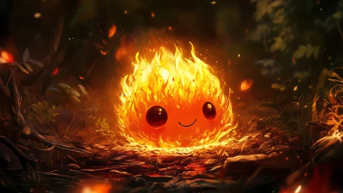 Cute anthropomorphic fire creature surrounded by flames