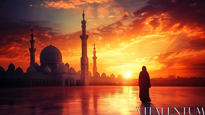 Solitary robed figure before mosque at intensely vivid sunset