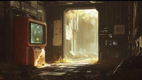 Industrial corridor opens onto overgrown exterior passage