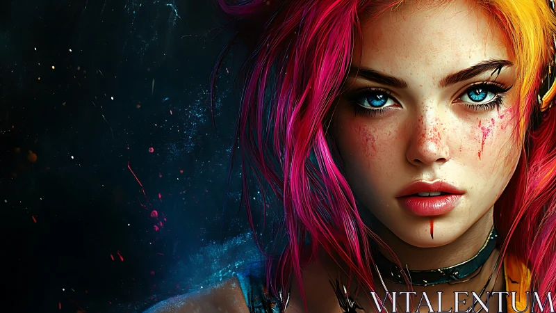 Neon haired cyberpunk heroine with freckled face and scars