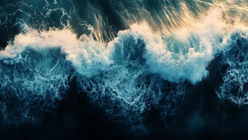 Golden light glows through crashing ocean waves from above.