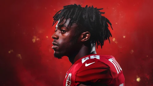 Focused football player stands in bold red atmospheric glow