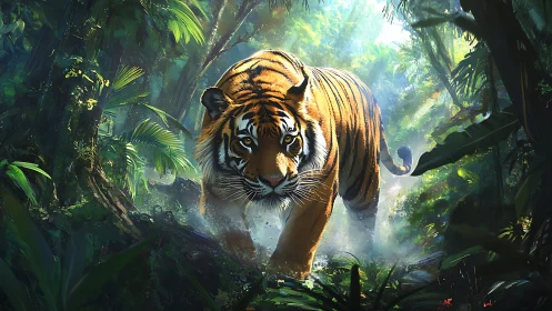 Jungle mist parts as a tiger strides through painted sunlight