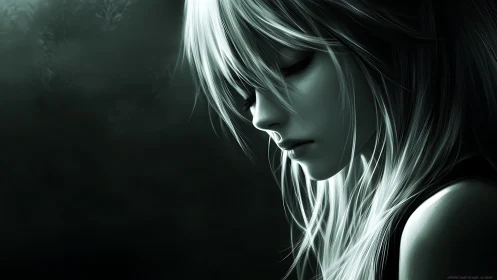 Monochrome anime portrait with cinematic chiaroscuro lighting.