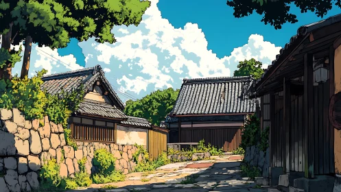 Sunlit village lane with quiet wooden homes and bright clouds.