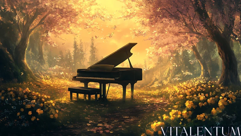 Forest piano serenade under glowing blossom twilight.