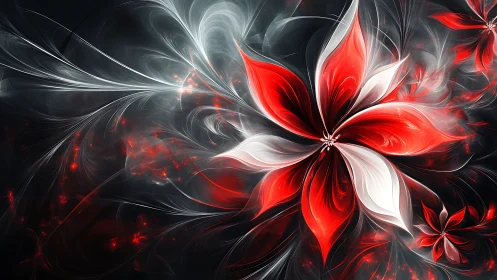 Fractal red white blossom radiates over dark swirling field.