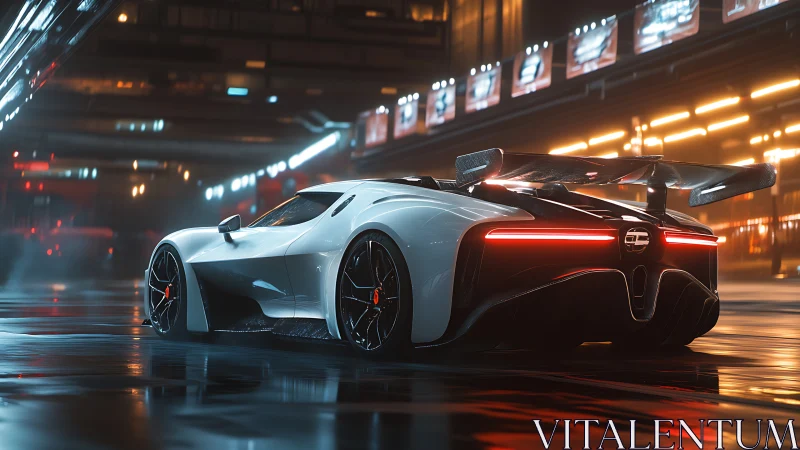 Neon drenched hypercar prowls a rain slicked future street.