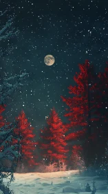 Moonlit red forest glows against deep winter night snow