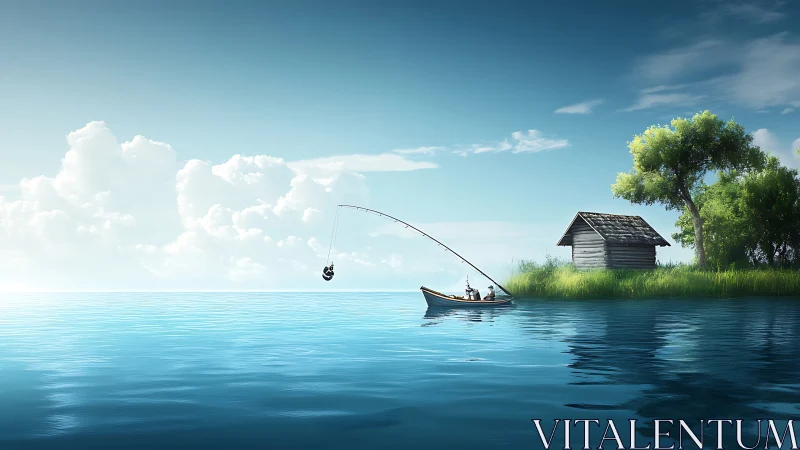 Serene skyhook fishing over glassy lake of lazy clouds.