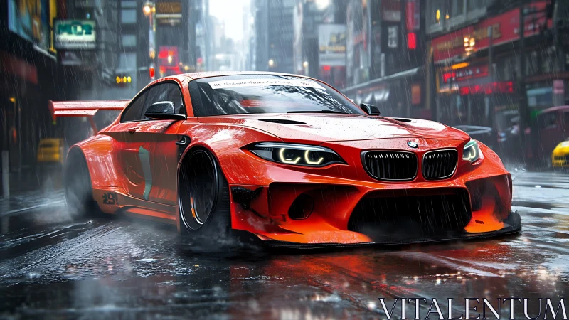 Scarlet street racer prowling neon rain-slicked city canyons.