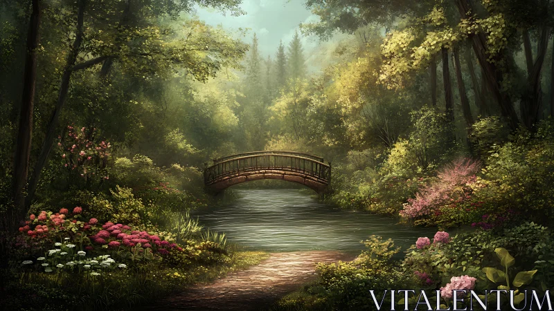 Sunlit garden bridge invites quiet walks beside gentle water