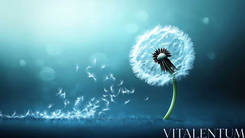 Luminescent dandelion dispersion in cool bokeh fieldscape.