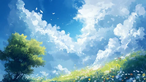 Tree and flowered hillside under expansive cloud-filled sky.