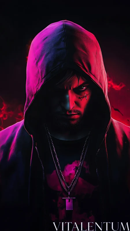 Hooded cyberpunk antihero under neon red rim light.