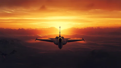 Jet silhouette slips into molten clouds and hunts the sun