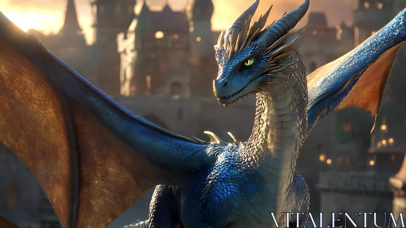 Blue dragon stands in front of medieval stone city walls