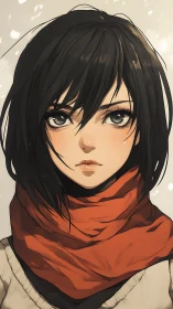 Anime portrait of black haired girl in red winter scarf.