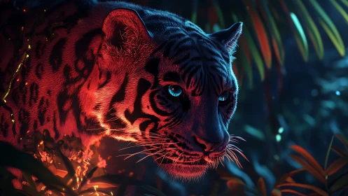 3D bioluminescent jungle panther under neon rim lighting.