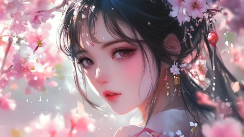 Sakura-dusted maiden gazes through a blush of spring dreams.