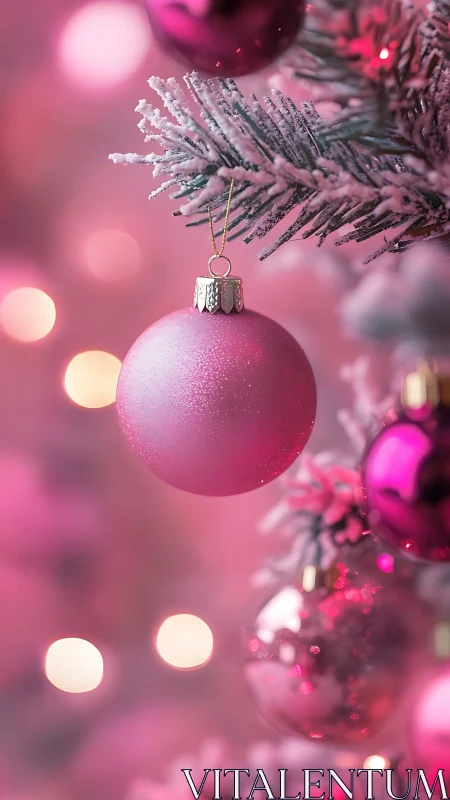 Pink bauble hangs from frosted Christmas tree branch in focus