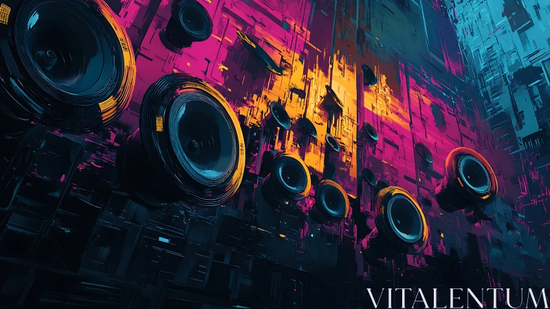 Neon sound engines tunnel through a glitchy city wallscape