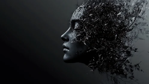 Monochrome female profile dissolving into abstract foliage