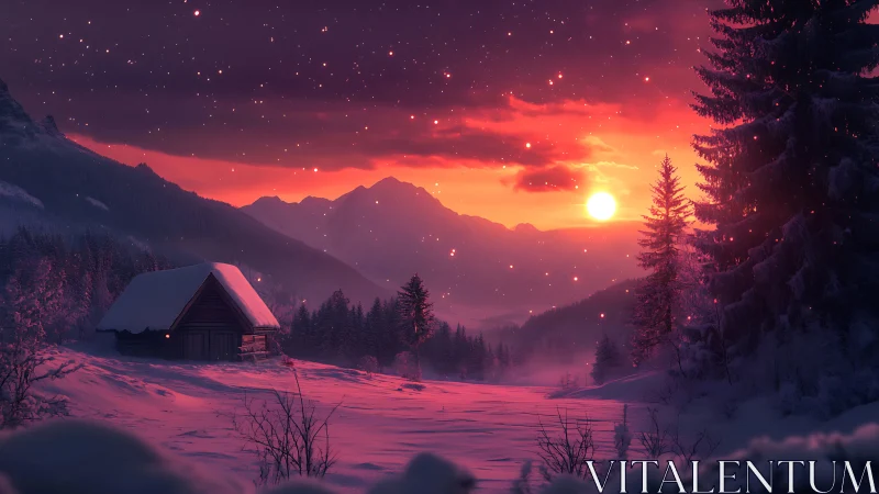 Snowbound cabin under vivid crimson winter sunset sky.