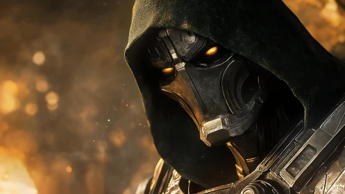 Hooded cybernetic warrior stares forward through ember haze