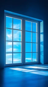 Sunlit blue window casting dreamy skylit reflections.