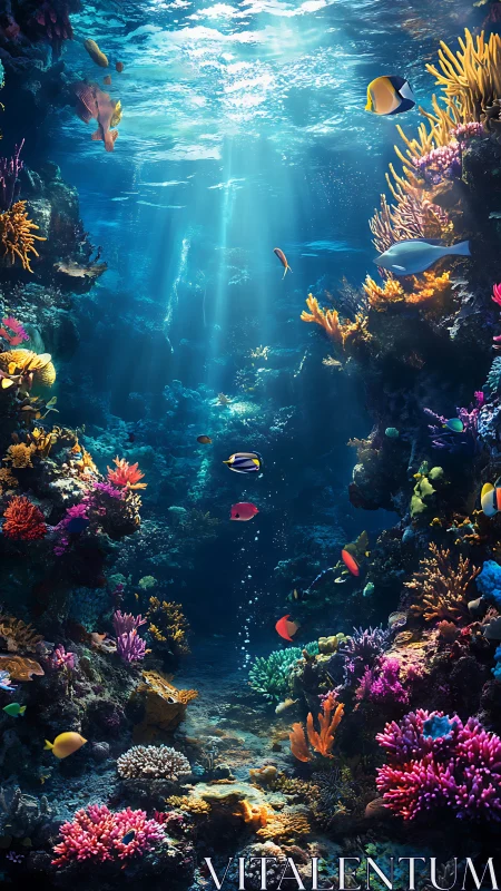 Sunlit coral reef welcomes colorful fish in tranquil waters