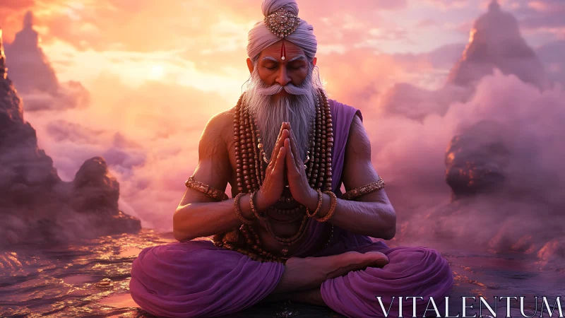 Elderly sage meditates cross-legged amid vivid sunset clouds