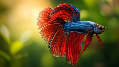 Red and blue betta fish with flowing fins in soft light.