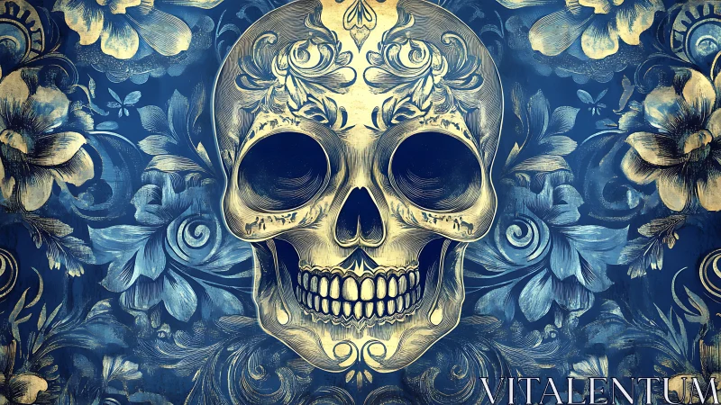 Floral skull illustration with ornate blue and gold pattern.