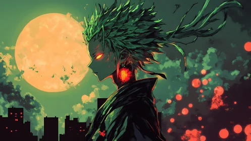 Moonlit anime figure with glowing eyes and city skyline.