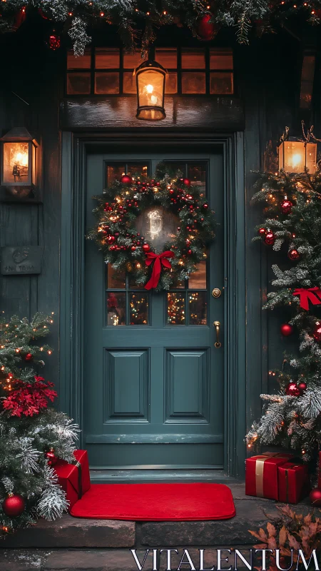 Architectural front door vignette with calibrated Noël lighting.