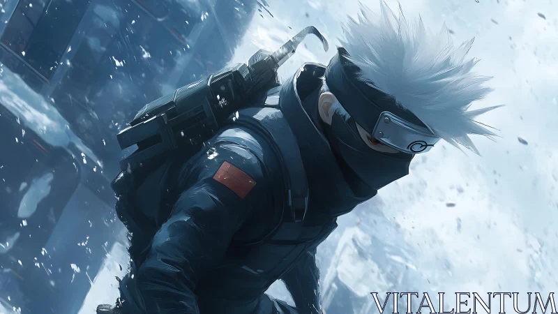 Dynamic anime ninja portrait in icy diagonal composition.