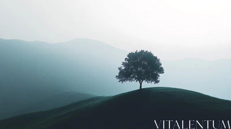 Minimalist lone tree on misty rolling hillside silhouette.