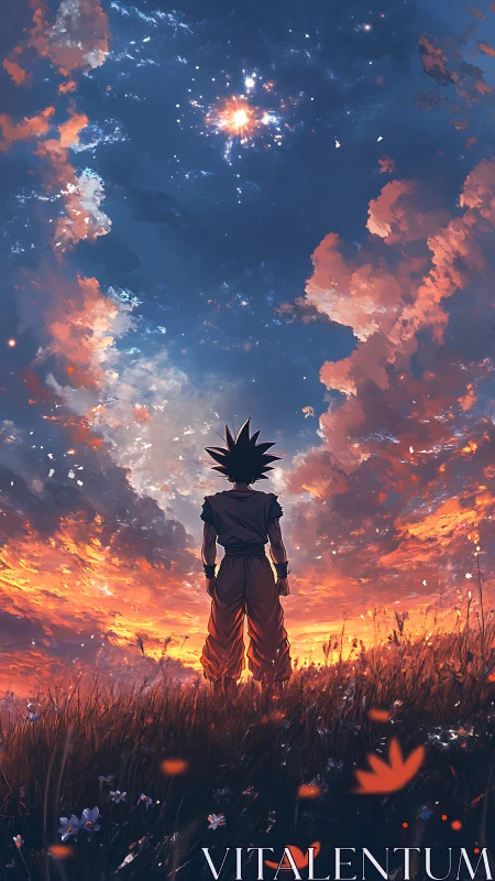 Stargazing warrior beneath a storm of ember-brushed clouds.