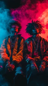 Neon street style duo glowing in electric club smoke.