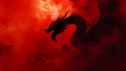 Digital painting of a shadow dragon in crimson storm clouds.