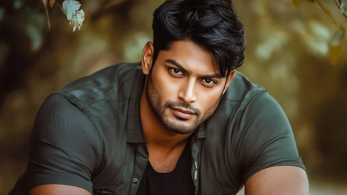 Confident man in green shirt meets the viewer with calm focus