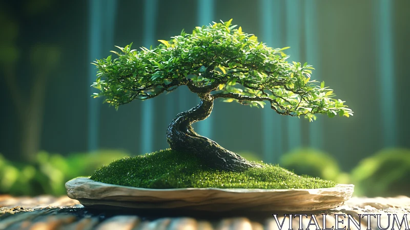 Luminous bonsai tree bending gracefully in soft forest light.