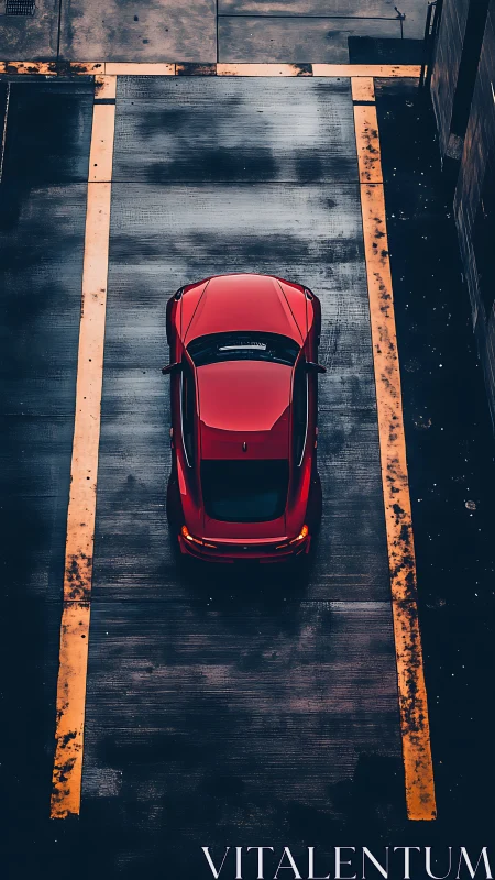 Top-down telephoto view of red sports coupe in parking bay