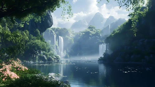 Lush green valley lake with tall waterfalls and misty light.
